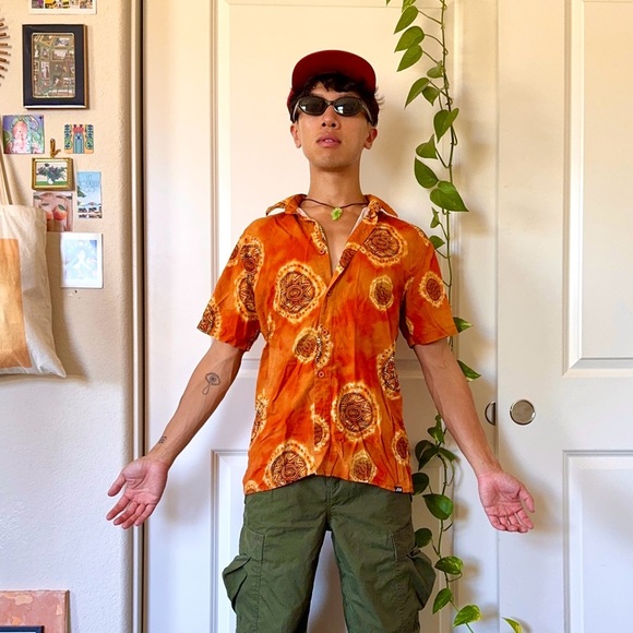 Y2K Orange Lost Tie-Dye Sun Button-Up Shirt - Picture 3 of 6